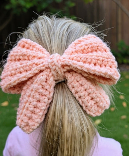 Handmade Crochet Bow Hair Tie – Soft Peach Bow Scrunchie – Cute Elastic Hair Accessory for Girls & Women
