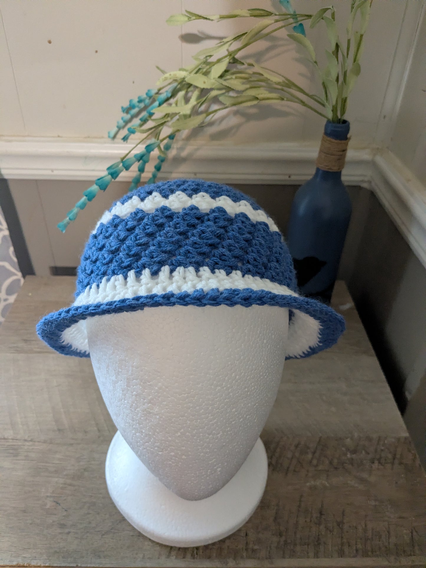 Custom Crochet Bucket Hat | Blue & White Coastal Style | Personalized Color Options | Handmade Kids, Teen & Adult Hat
