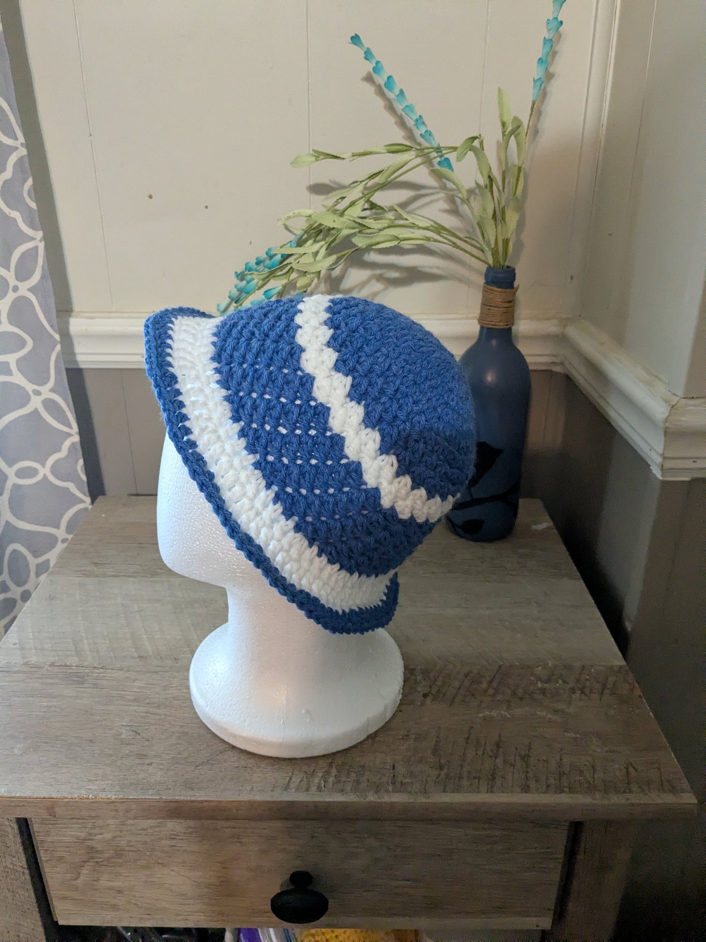 Custom Crochet Bucket Hat | Blue & White Coastal Style | Personalized Color Options | Handmade Kids, Teen & Adult Hat