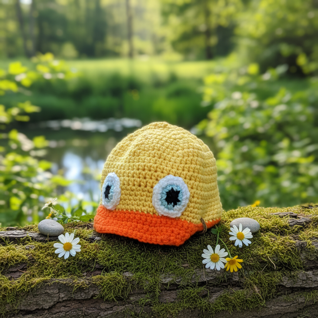 Crochet Duck Cap in Nature Setting